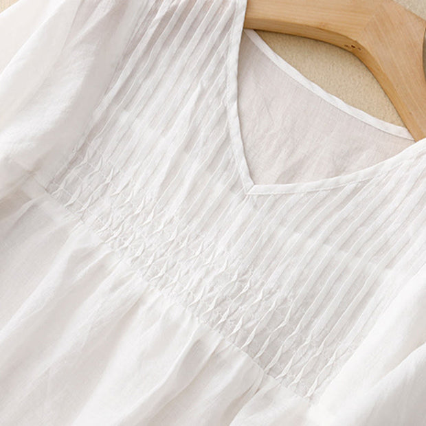 Buddha Stones Casual Plain Loose Women's V-Neck Design Half Sleeve Cotton Shirt - image 14