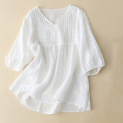 Buddha Stones Casual Plain Loose Women's V-Neck Design Half Sleeve Cotton Shirt - image 13