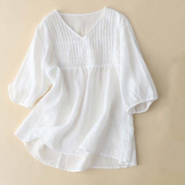 Buddha Stones Casual Plain Loose Women's V-Neck Design Half Sleeve Cotton Shirt - image 13
