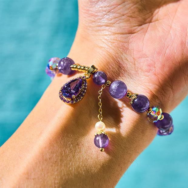 Natural Amethyst Zircon Love Heart Healing Soul Charm Bracelet