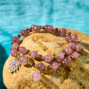 Buddha Stones Natural Strawberry Quartz Love Healing Maple Leaf Charm Double Wrap Bracelet