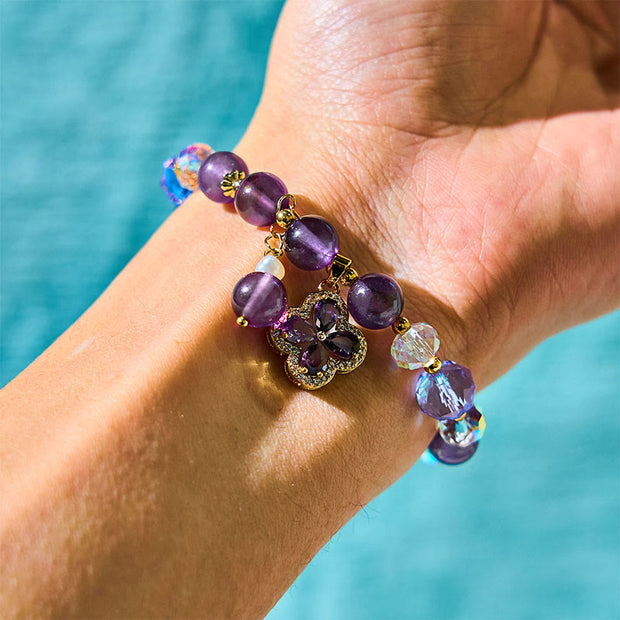 Natural Amethyst Pearl Flower Charm Positive Transformation Bracelet