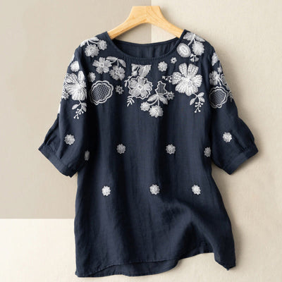 Buddha Stones Casual Embroidered Petals Women's Crew Neck Design Half Sleeve Cotton T-Shirt