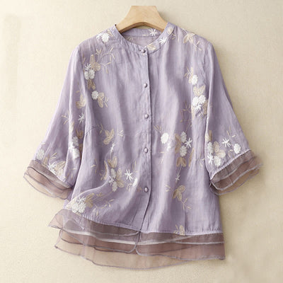 Buddha Stones Casual Embroidered Petals Spliced Organza Women's Crew Neck Design Half Sleeve Cotton Cardigan Shirt