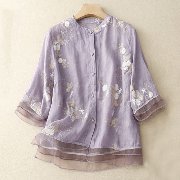 Buddha Stones Casual Embroidered Petals Spliced Organza Women's Crew Neck Design Half Sleeve Cotton Cardigan Shirt