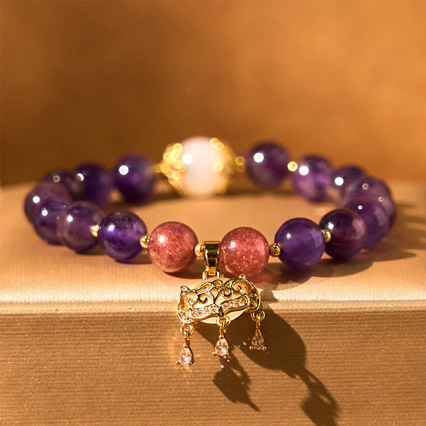 Buddha Stones Natural Amethyst Strawberry Quartz Peace Lock Charm Positive Bracelet