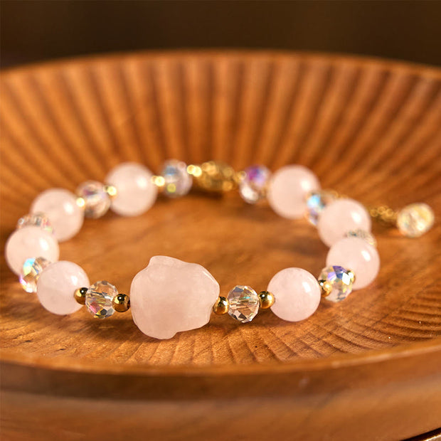 Buddha Stones Rose Quartz Crystal Rabbit Healing Chain Bracelet