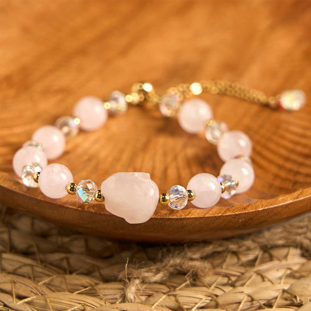 Buddha Stones Rose Quartz Crystal Rabbit Healing Chain Bracelet