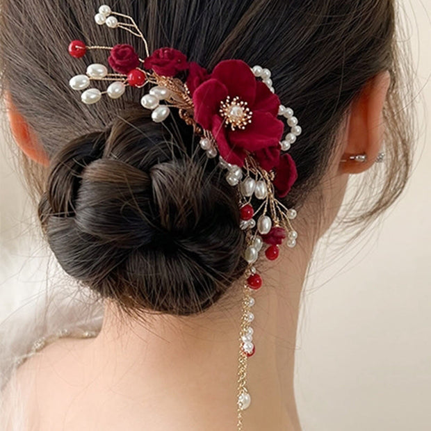 FREE Today: Love and Elegance Classical Chinese Wedding Bridal Red Rose Hair Clip