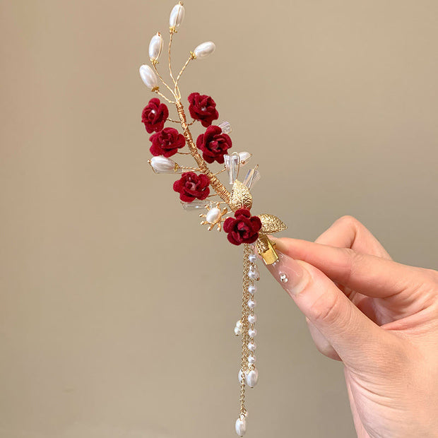 Buddha Stones Classical Chinese Wedding Bridal Red Rose Hair Clip