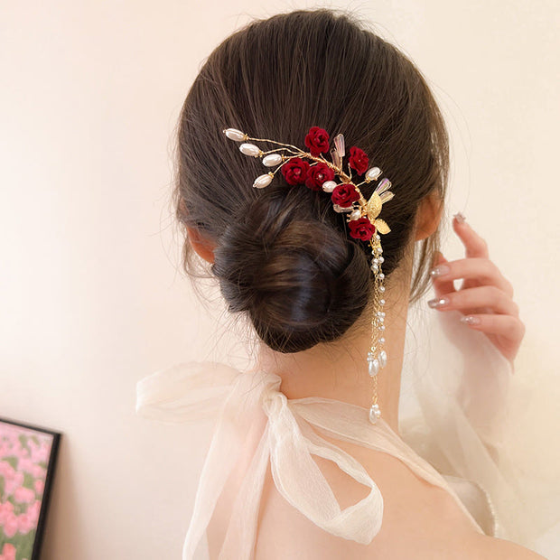 FREE Today: Love and Elegance Classical Chinese Wedding Bridal Red Rose Hair Clip