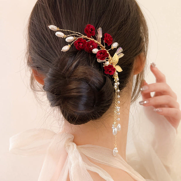 FREE Today: Love and Elegance Classical Chinese Wedding Bridal Red Rose Hair Clip