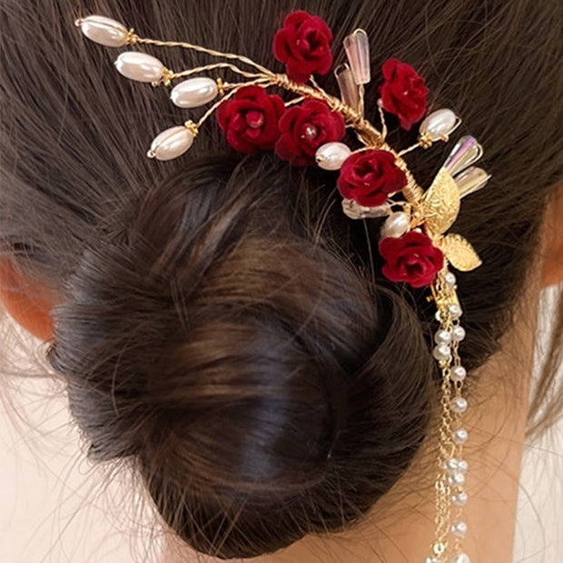 FREE Today: Love and Elegance Classical Chinese Wedding Bridal Red Rose Hair Clip