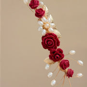 Buddha Stones Classical Chinese Wedding Bridal Red Rose Hair Clip