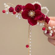 Buddha Stones Classical Chinese Wedding Bridal Red Rose Hair Clip