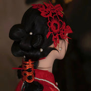 Buddha Stones Classical Chinese Wedding Red Magpie Flower Paper Cutting Flocking Cloth Hair Clip