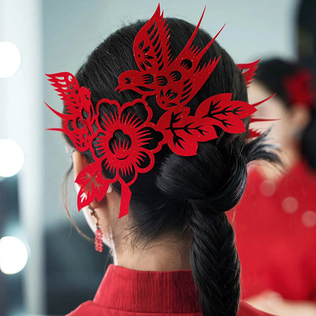 Buddha Stones Classical Chinese Wedding Red Magpie Flower Paper Cutting Flocking Cloth Hair Clip