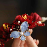 Buddha Stones Chinese Wedding Red Flower Butterfly Hair Clip