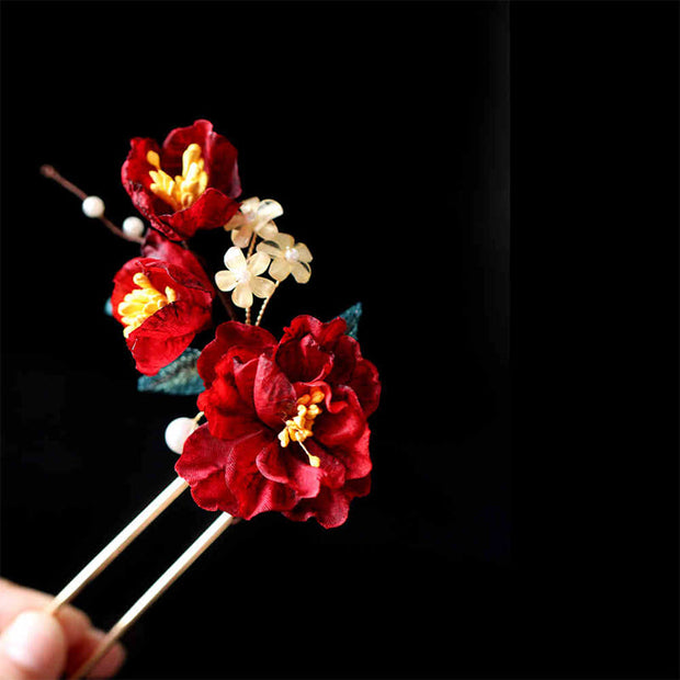 Buddha Stones Chinese Style Red Camellia Butterfly Hair Clip Hair Comb Hairpin Barrette Accessory