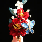 Buddha Stones Chinese Style Red Camellia Butterfly Hair Clip Hair Comb Hairpin Barrette Accessory