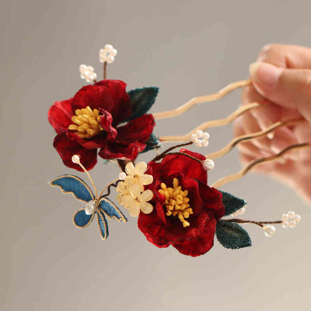 Buddha Stones Chinese Style Red Camellia Butterfly Hair Clip Hair Comb Hairpin Barrette Accessory