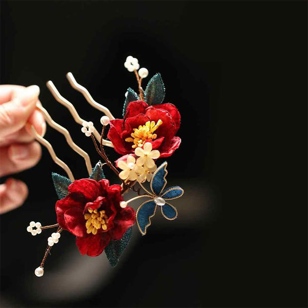 Buddha Stones Chinese Style Red Camellia Butterfly Hair Clip Hair Comb Hairpin Barrette Accessory