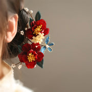 Buddha Stones Chinese Style Red Camellia Butterfly Hair Clip Hair Comb Hairpin Barrette Accessory