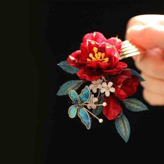 Buddha Stones Chinese Style Red Camellia Butterfly Hair Clip Hair Comb Hairpin Barrette Accessory