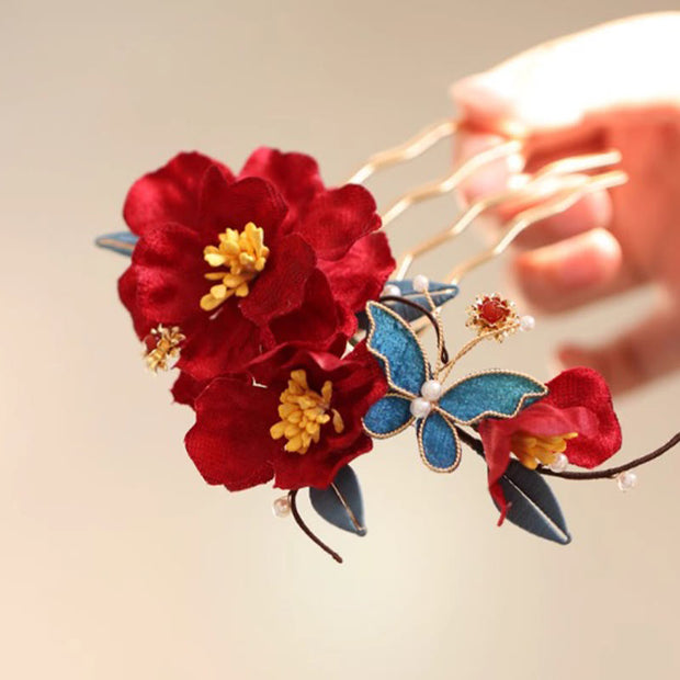 Buddha Stones Chinese Style Red Camellia Butterfly Hair Clip Hair Comb Hairpin Barrette Accessory