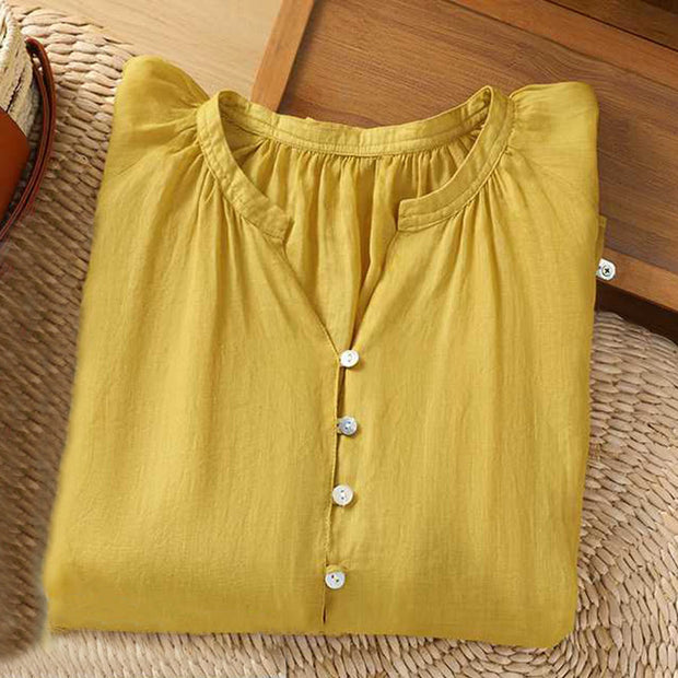 Buddha Stones Casual Plain Women's Single Row Multi-Button V-Neck Design Three Quarter Sleeve Cotton Linen Shirt