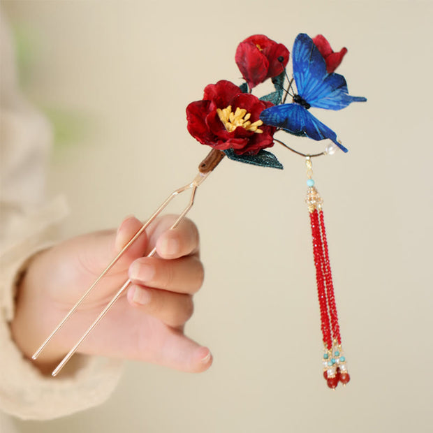 Buddha Stones Classical Chinese Style Red Flower Blue Butterfly Hairpin