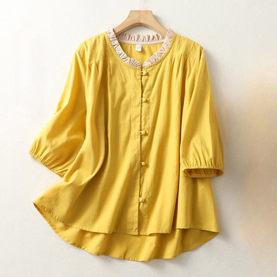 Buddha Stones Casual Plain Frog-Button Women's Ruffle Collar Design Half Sleeve Cotton Linen Shirt