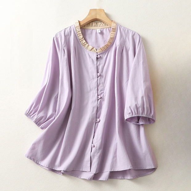 Buddha Stones Casual Plain Frog-Button Women's Ruffle Collar Design Half Sleeve Cotton Linen Shirt