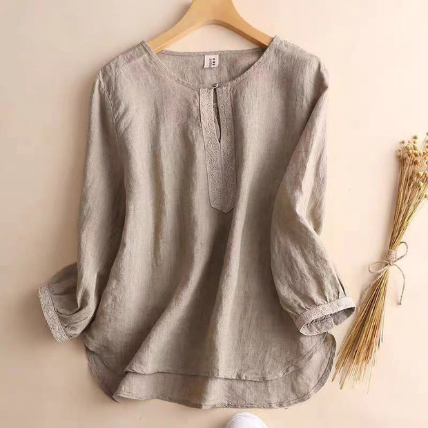 Buddha Stones Casual Plain Women's Hollow Crew Neck Design Three Quarter Sleeve Cotton Linen Shirt