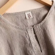 Buddha Stones Casual Plain Women's Hollow Crew Neck Design Three Quarter Sleeve Cotton Linen Shirt