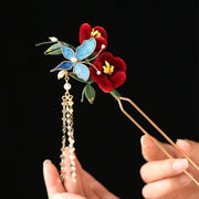 Buddha Stones Classical Chinese Style Red Flower Blue Butterfly Hairpin Hair Clip Hair Comb Barrette