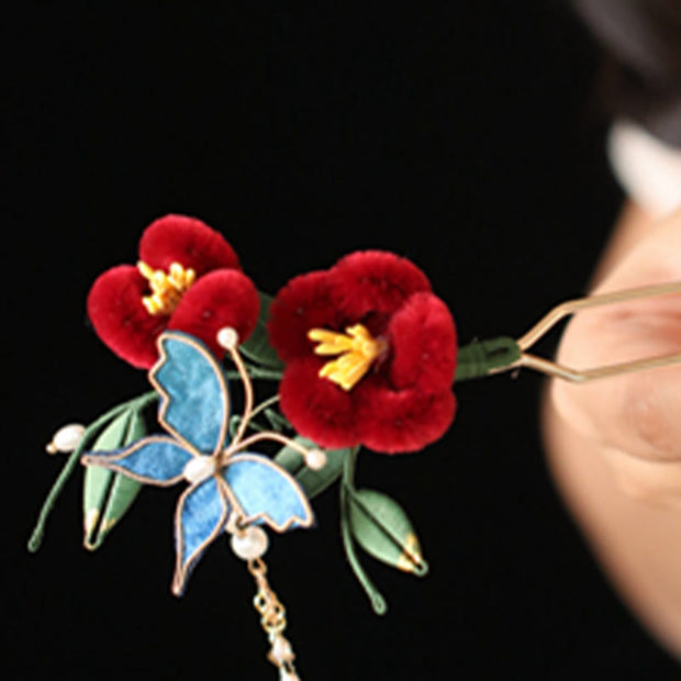 Buddha Stones Classical Chinese Style Red Flower Blue Butterfly Hairpin Hair Clip Hair Comb Barrette