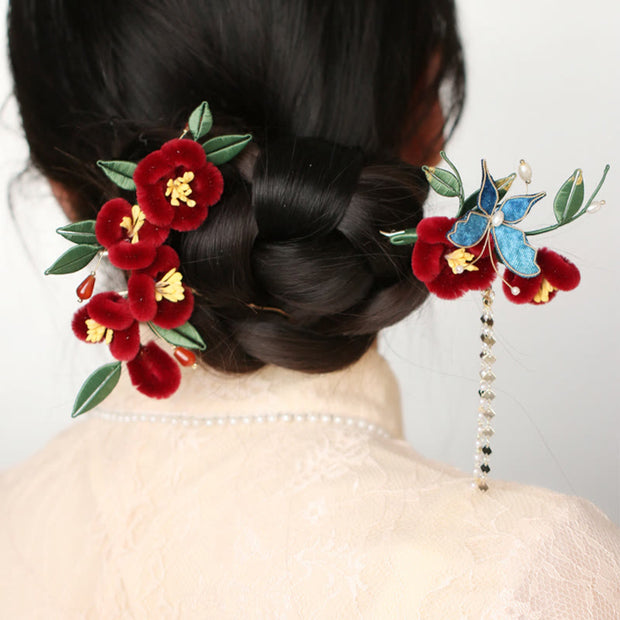 Buddha Stones Classical Chinese Style Red Flower Blue Butterfly Hairpin Hair Clip Hair Comb Barrette