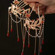 Buddha Stones Chinese Style Koi Fish Flower Tassel Red Agate Copper Gold Plated Hairpin Hair Comb