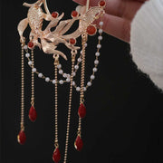 Buddha Stones Chinese Style Koi Fish Flower Tassel Red Agate Copper Gold Plated Hairpin Hair Comb