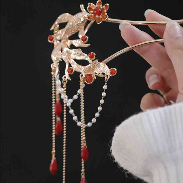 Buddha Stones Chinese Style Koi Fish Flower Tassel Red Agate Copper Gold Plated Hairpin Hair Comb