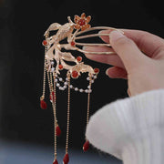 Buddha Stones Chinese Style Koi Fish Flower Tassel Red Agate Copper Gold Plated Hairpin Hair Comb