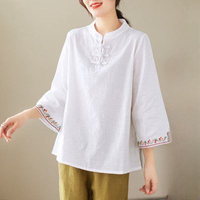 Buddha Stones Casual Jacquard Frog-Button Women's Crew Neck Design Three Quarter Sleeve Cotton Linen Shirt