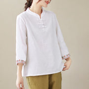 Buddha Stones Casual Jacquard Frog-Button Women's Crew Neck Design Three Quarter Sleeve Cotton Linen Shirt