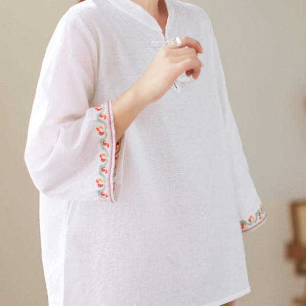 Buddha Stones Casual Jacquard Frog-Button Women's Crew Neck Design Three Quarter Sleeve Cotton Linen Shirt