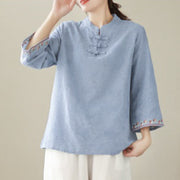 Buddha Stones Casual Jacquard Frog-Button Women's Crew Neck Design Three Quarter Sleeve Cotton Linen Shirt