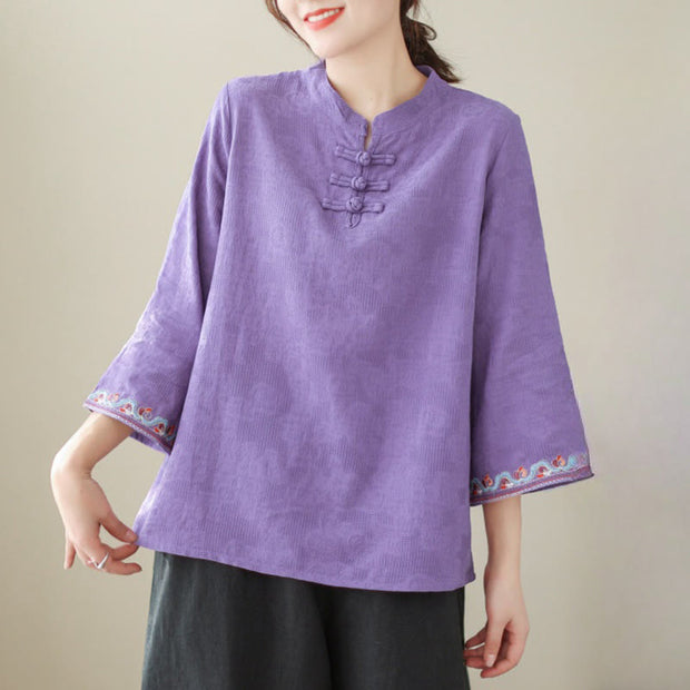 Buddha Stones Casual Jacquard Frog-Button Women's Crew Neck Design Three Quarter Sleeve Cotton Linen Shirt