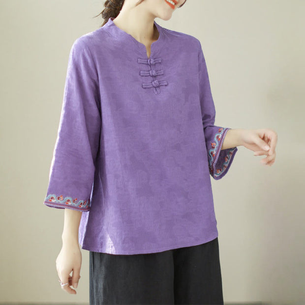 Buddha Stones Casual Jacquard Frog-Button Women's Crew Neck Design Three Quarter Sleeve Cotton Linen Shirt