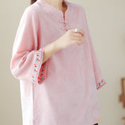 Buddha Stones Casual Jacquard Frog-Button Women's Crew Neck Design Three Quarter Sleeve Cotton Linen Shirt