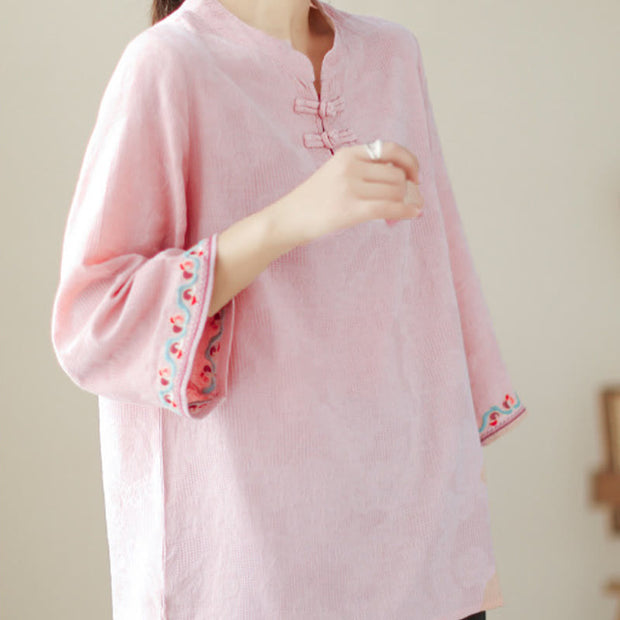 Buddha Stones Casual Jacquard Frog-Button Women's Crew Neck Design Three Quarter Sleeve Cotton Linen Shirt